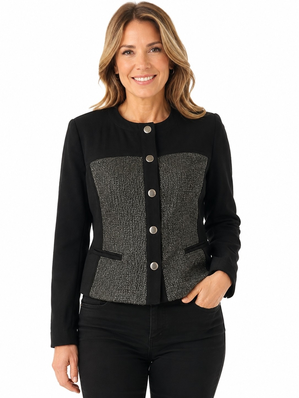CAbi Black Jacket with Gray Tweed Front